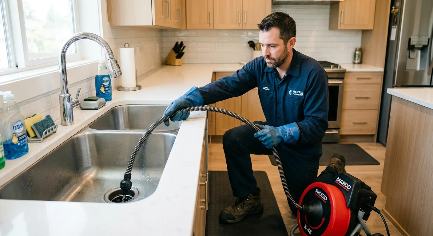 Drain cleaning technician using a motorized snake on a kitchen sink in Wellsville