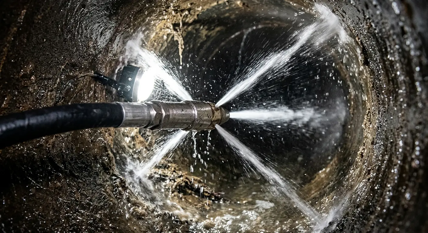 High-pressure hydro jetting nozzle cleaning sewer pipe for Emergency Drain Service in Wellsville