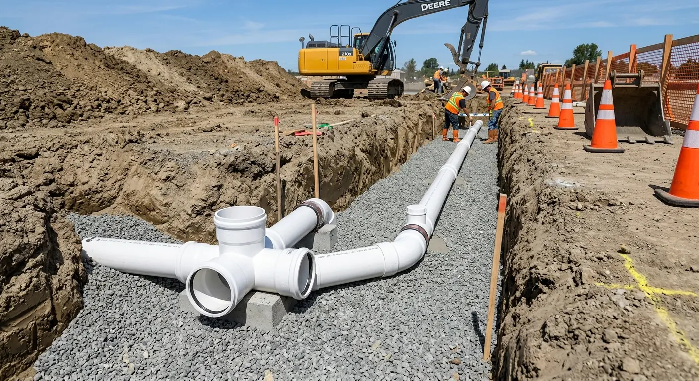 New PVC sewer pipe installation in open trench for Commercial Drain Cleaning in Wellsville