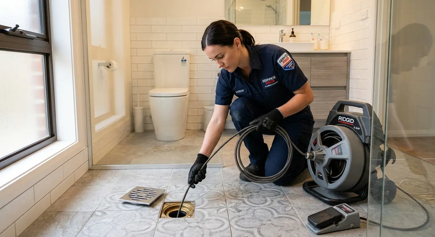 Technician clearing a bathroom floor drain for Clogged Drain Repair in Wellsville